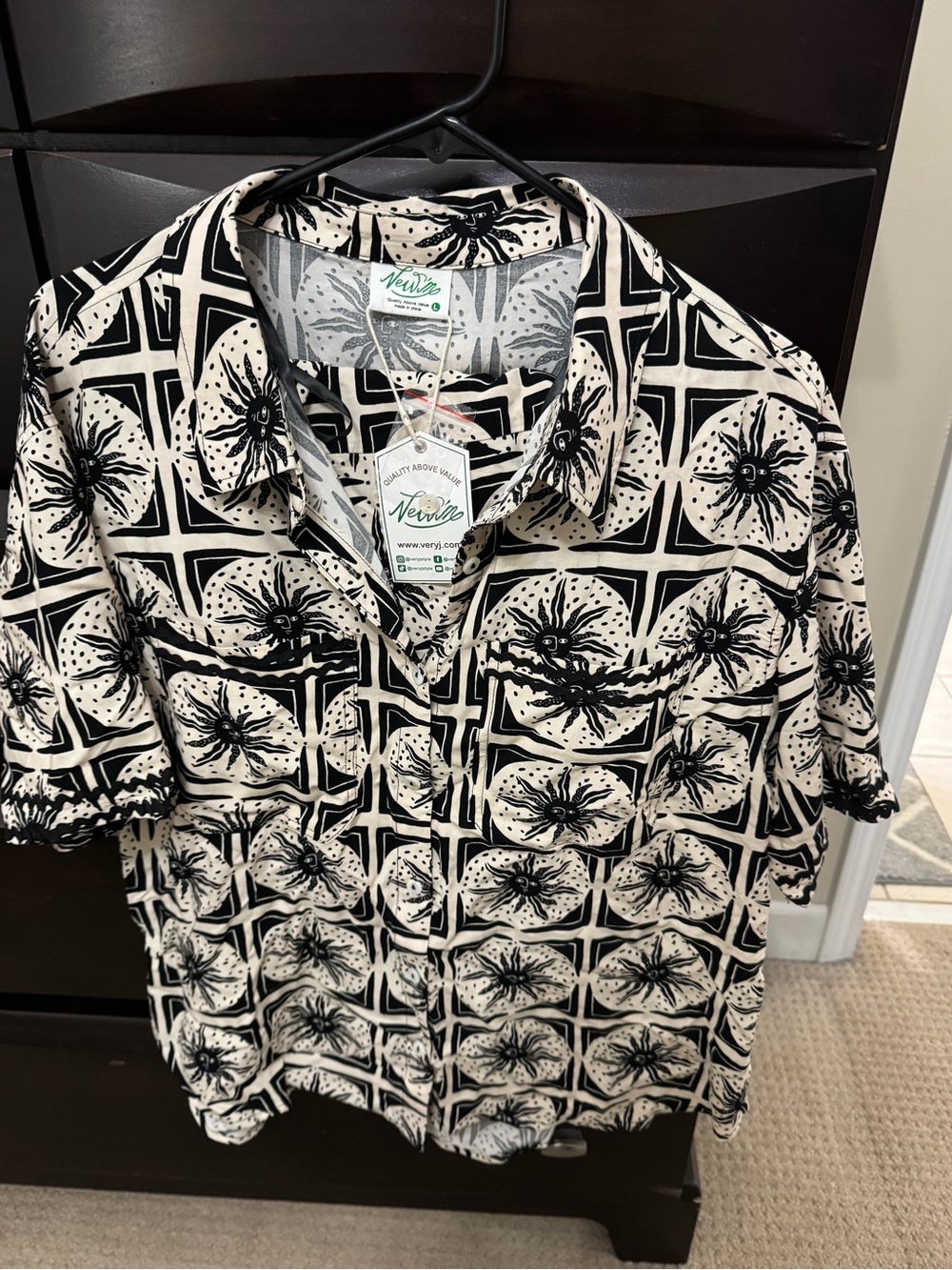 Black & Cream Tropical Print 2 Piece Short Sleeve and Shorts Set